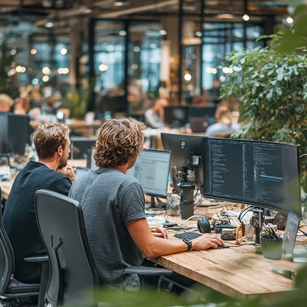 Zwei Personen arbeiten in einem Großraumbüro an mehreren Bildschirmen