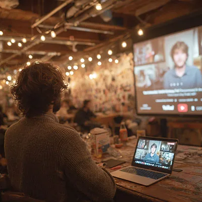 Person verfolgt eine Videoübertragung auf Leinwand und Laptop
