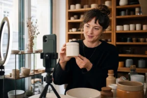 Creatorin filmt in einem kleinen Geschäft ein Produktvideo mit Smartphone und Ringlicht