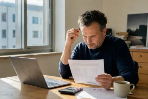Unternehmer prüft am Schreibtisch ein Agenturangebot neben Laptop und Taschenrechner