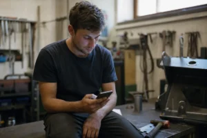 Metallfacharbeiter sieht in der Pause in der Werkstatt auf sein Smartphone
